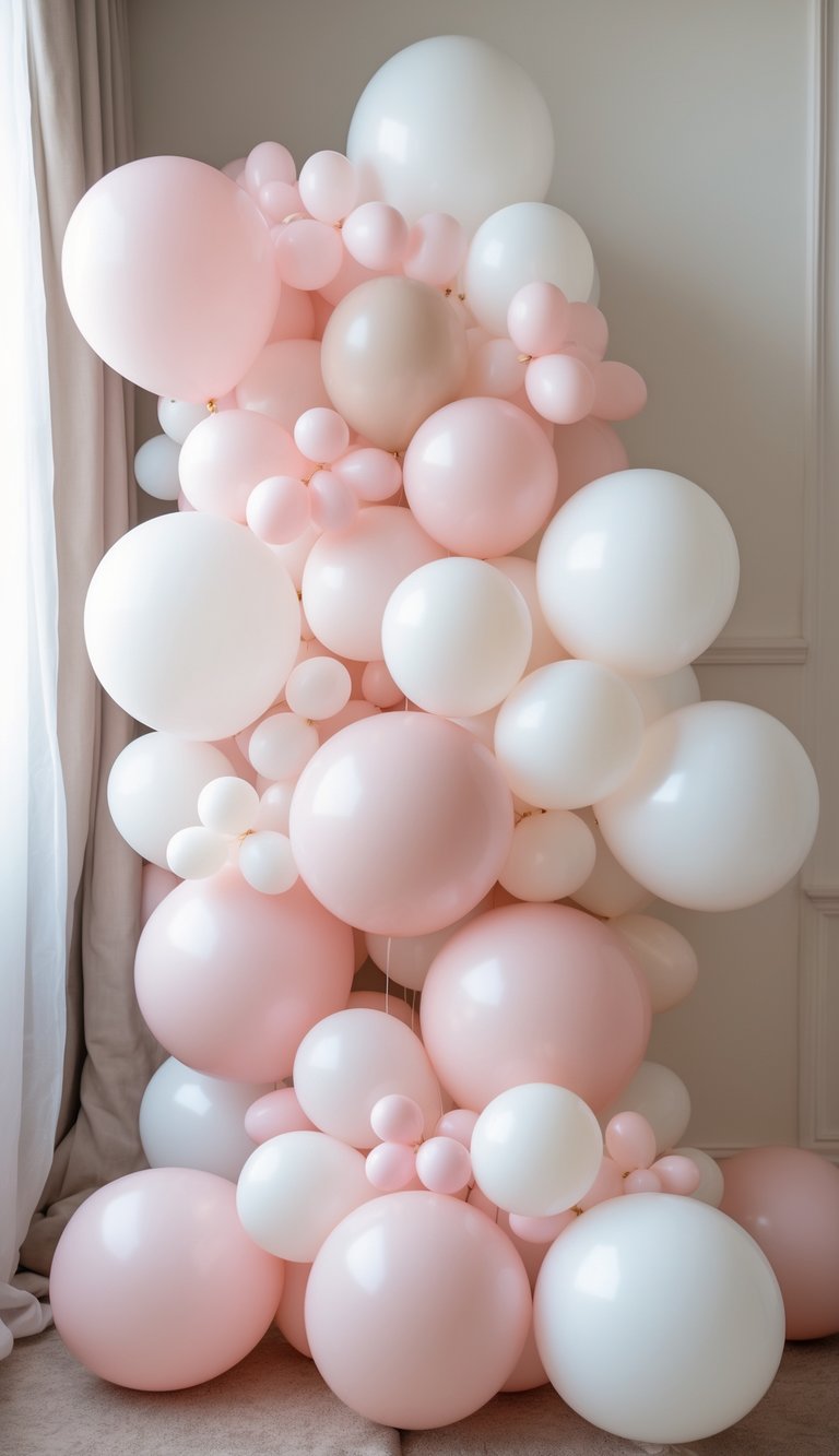 A balloon garland made of matte pink and white balloons arranged against a plain background.